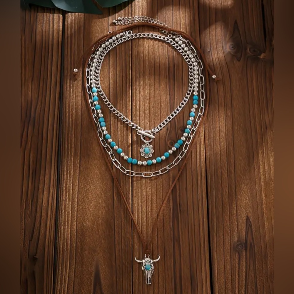 Western Boho Turquoise Layered Necklace Set | Bull Head Pendant Festival Jewelry